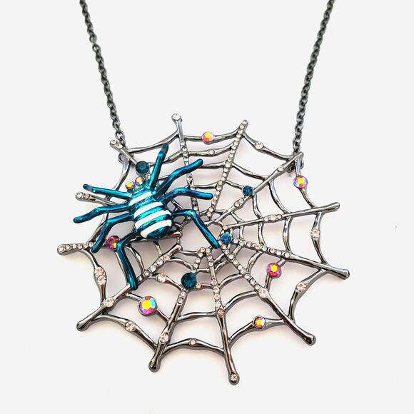 New Halloween Betsy Johnson Statement Necklace Spider and Web Silver Blue - Picture 1 of 12